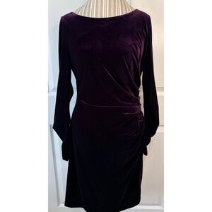Vince Camuto Ruched Burgundy Velour Velvet Long Sleeve Dress Size 14